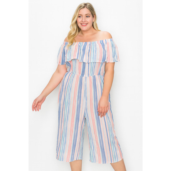 Liberty Jumpsuit 1XL – Pastel Striped Off-the-Shoulder Jumpsuit Length 46" Bust - Picture 1 of 1